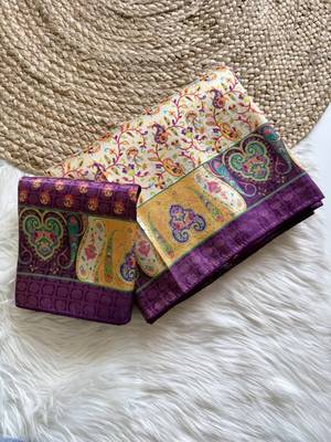Cream-Purple Silk Blend Saree with Blouse 4