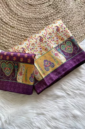 Cream-Purple Silk Blend Saree with Blouse