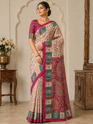 Cream-Rani Pink Color Silk Blend Saree With Blouse 1