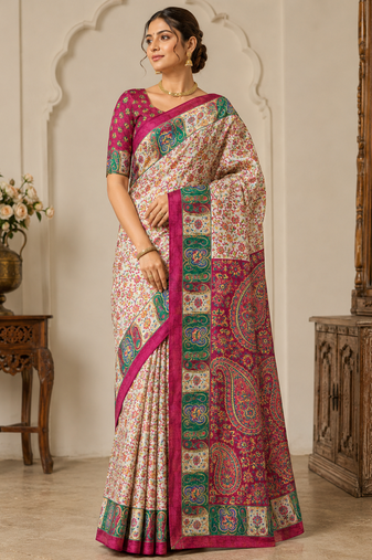 Cream-Rani Pink Color Silk Blend Saree With Blouse
