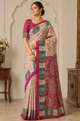 Cream-Rani Pink Color Silk Blend Saree With Blouse