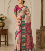 Cream-Rani Pink Color Silk Blend Saree With Blouse