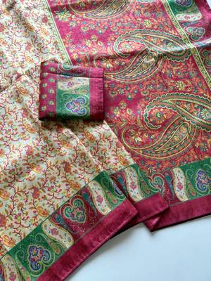 Cream-Rani Pink Color Silk Blend Saree With Blouse 2