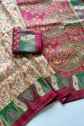 Cream-Rani Pink Color Silk Blend Saree With Blouse