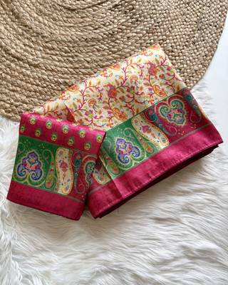 Cream-Rani Pink Color Silk Blend Saree With Blouse 3