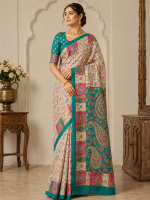 Cream-Teal Silk Blend Saree with Blouse 1