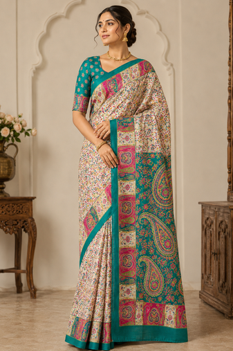 Cream-Teal Silk Blend Saree with Blouse