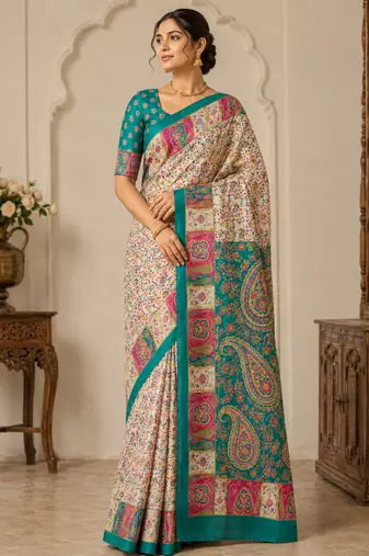 Cream-Teal Silk Blend Saree with Blouse
