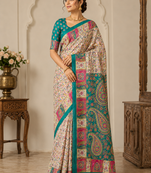 Cream-Teal Silk Blend Saree with Blouse