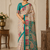 Cream-Teal Silk Blend Saree with Blouse