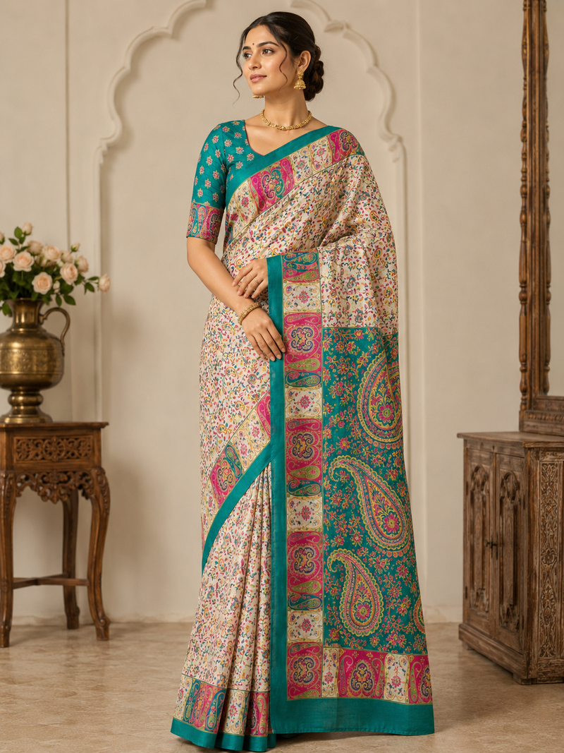 Cream-Teal Silk Blend Saree with Blouse