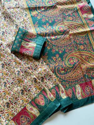 Cream-Teal Silk Blend Saree with Blouse 2