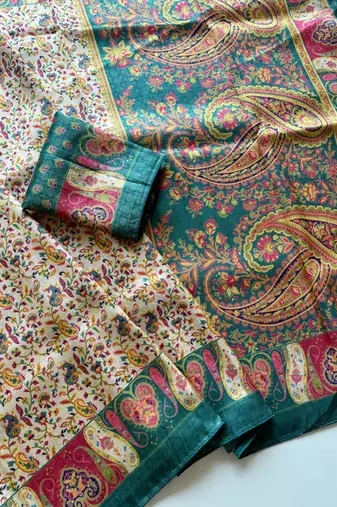 Cream-Teal Silk Blend Saree with Blouse