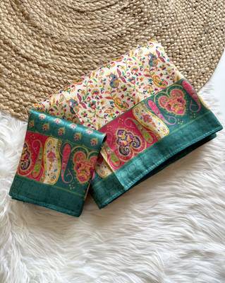 Cream-Teal Silk Blend Saree with Blouse 3