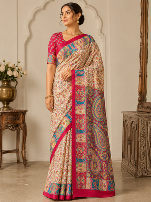 Cream-Red Silk Blend Saree with Blouse 1