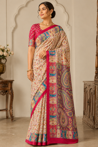 Cream-Red Silk Blend Saree with Blouse