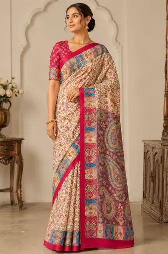 Cream-Red Silk Blend Saree with Blouse