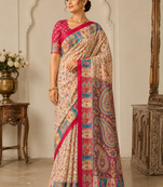 Cream-Red Silk Blend Saree with Blouse