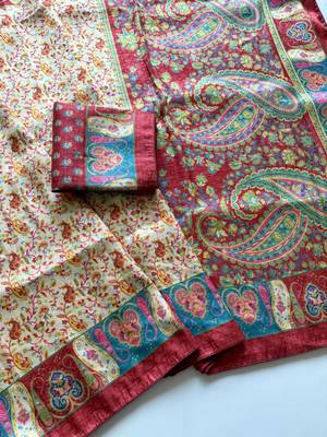 Cream-Red Silk Blend Saree with Blouse 2