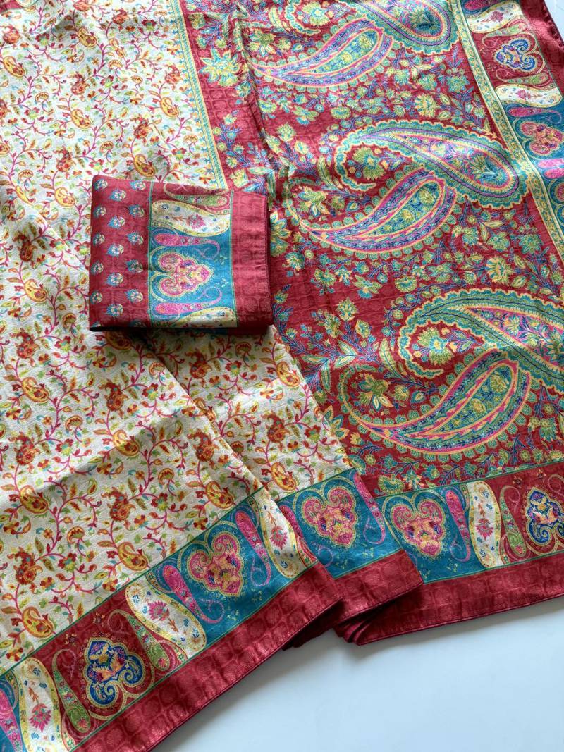 Cream-Red Silk Blend Saree with Blouse