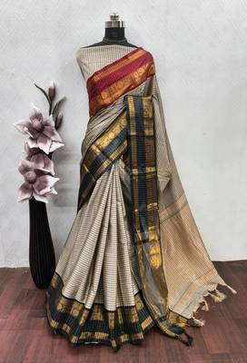 Beige chettinad saree cotton silk ganga jamuna saree with blouse 5