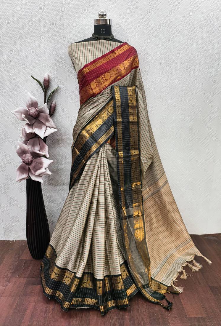 Beige chettinad saree cotton silk ganga jamuna saree with blouse