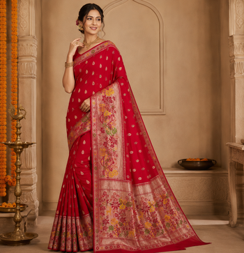 Red Color Meenakari Resham Zari Weaving Buttis Design Banarasi Khaddi Crepe Georgette Saree 1