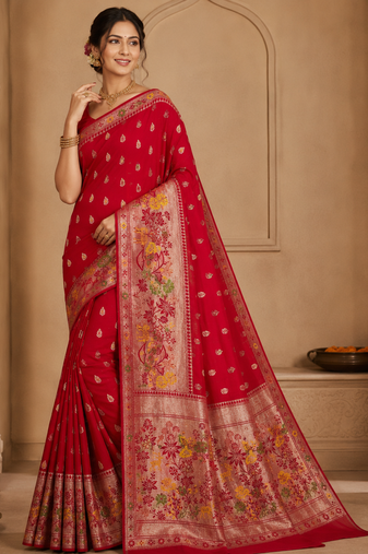 Red Color Meenakari Resham Zari Weaving Buttis Design Banarasi Khaddi Crepe Georgette Saree