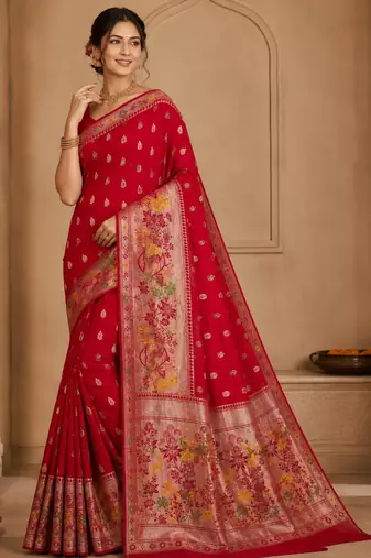 Red Color Meenakari Resham Zari Weaving Buttis Design Banarasi Khaddi Crepe Georgette Saree