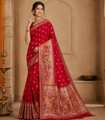Red Color Meenakari Resham Zari Weaving Buttis Design Banarasi Khaddi Crepe Georgette Saree