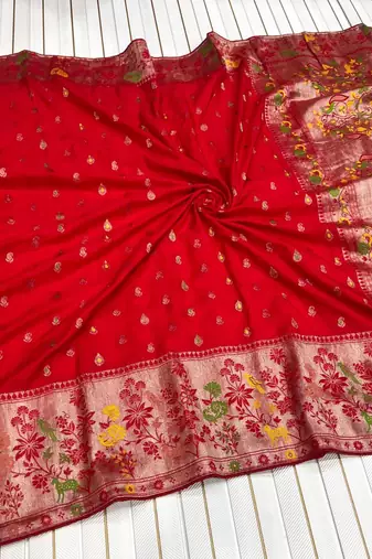 Red Color Meenakari Resham Zari Weaving Buttis Design Banarasi Khaddi Crepe Georgette Saree