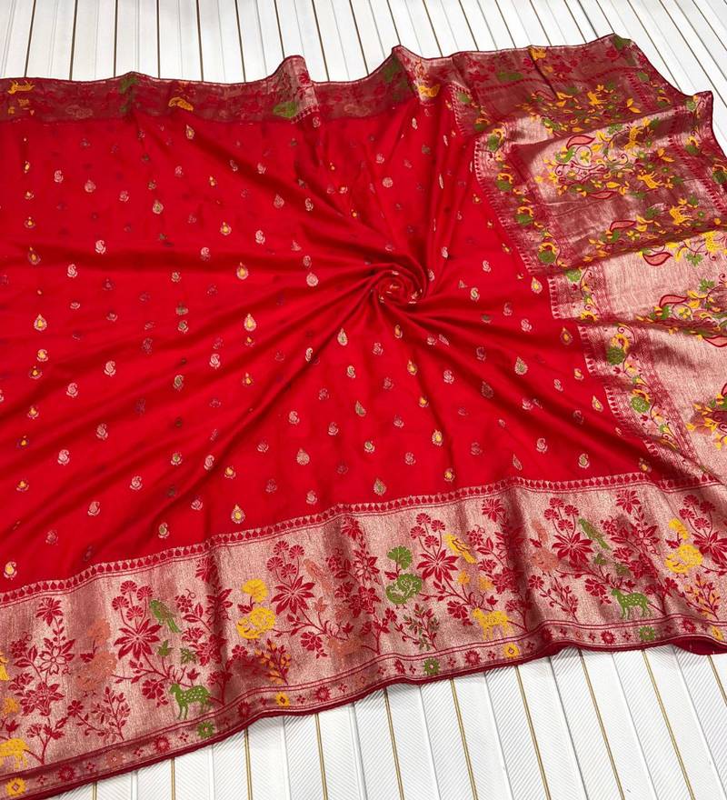 Red Color Meenakari Resham Zari Weaving Buttis Design Banarasi Khaddi Crepe Georgette Saree