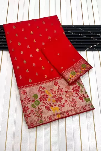 Red Color Meenakari Resham Zari Weaving Buttis Design Banarasi Khaddi Crepe Georgette Saree