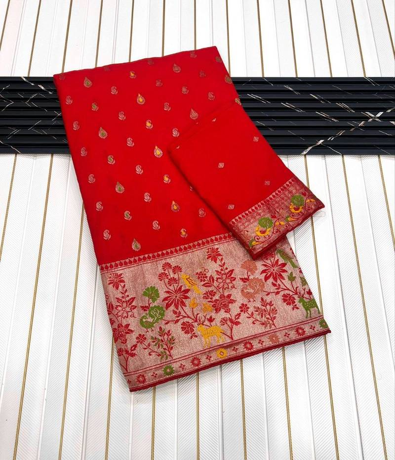 Red Color Meenakari Resham Zari Weaving Buttis Design Banarasi Khaddi Crepe Georgette Saree