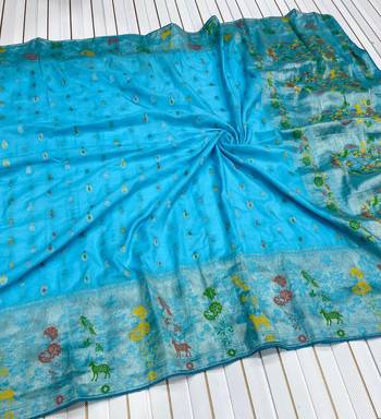 Sky Blue Banarasi Khaddi Crepe Georgette Saree with Blouse 2