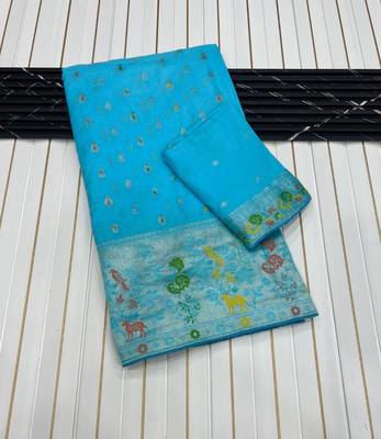 Sky Blue Banarasi Khaddi Crepe Georgette Saree with Blouse 3