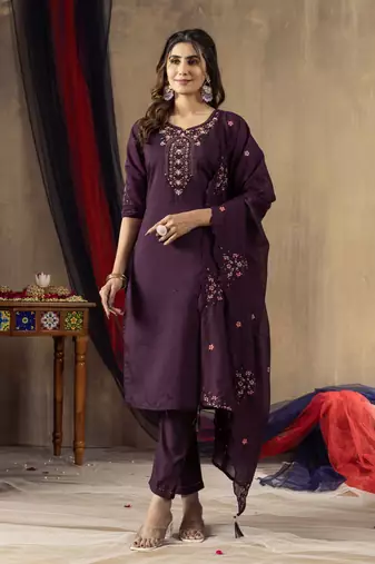 Wine embroidered roman silk straight kurti pant dupatta set