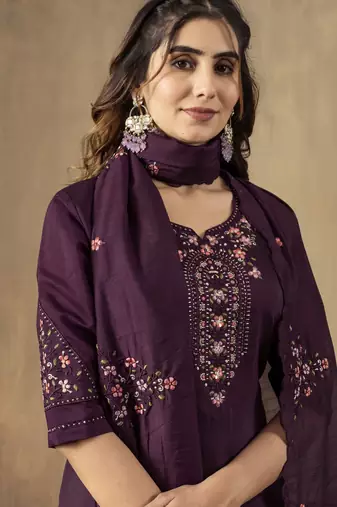 Wine embroidered roman silk straight kurti pant dupatta set