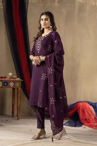 Wine embroidered roman silk straight kurti pant dupatta set