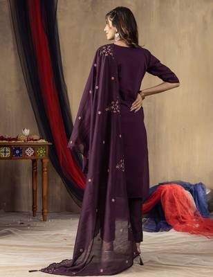 Wine embroidered roman silk straight kurti pant dupatta set 5