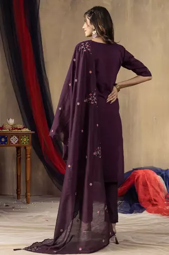 Wine embroidered roman silk straight kurti pant dupatta set