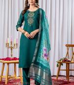 Green embroidered viscose silk straight kurti pant dupatta set