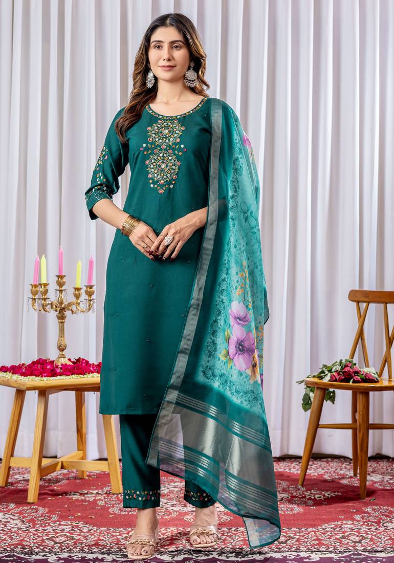 Green embroidered viscose silk straight kurti pant dupatta set
