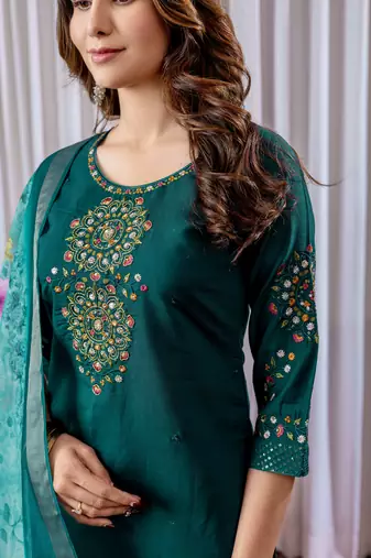 Green embroidered viscose silk straight kurti pant dupatta set