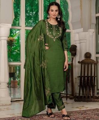 Mahendi green embroidered marina silk straight kurti pant dupatta set 1