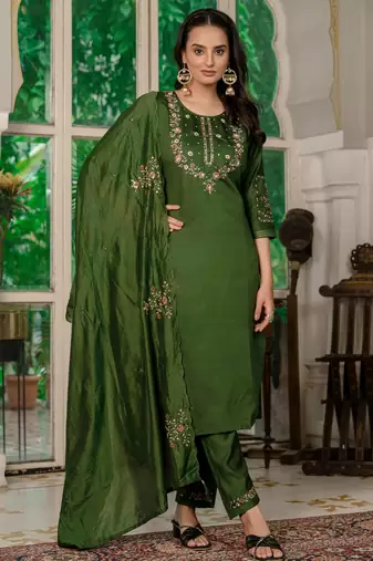 Mahendi green embroidered marina silk straight kurti pant dupatta set