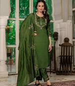 Mahendi green embroidered marina silk straight kurti pant dupatta set