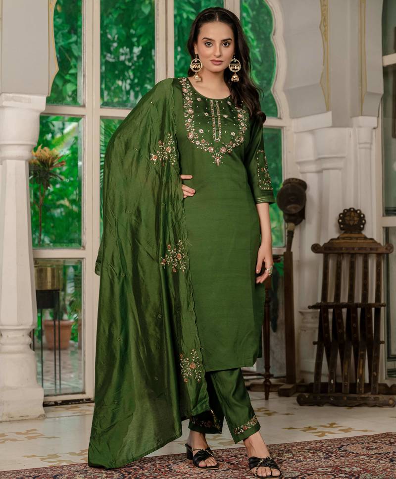 Mahendi green embroidered marina silk straight kurti pant dupatta set