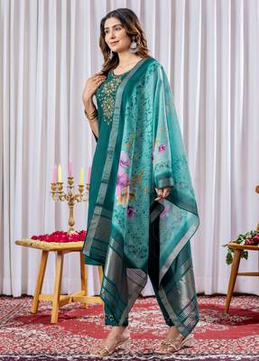 Green embroidered viscose silk straight kurti pant dupatta set 4