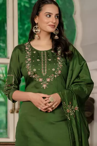 Mahendi green embroidered marina silk straight kurti pant dupatta set